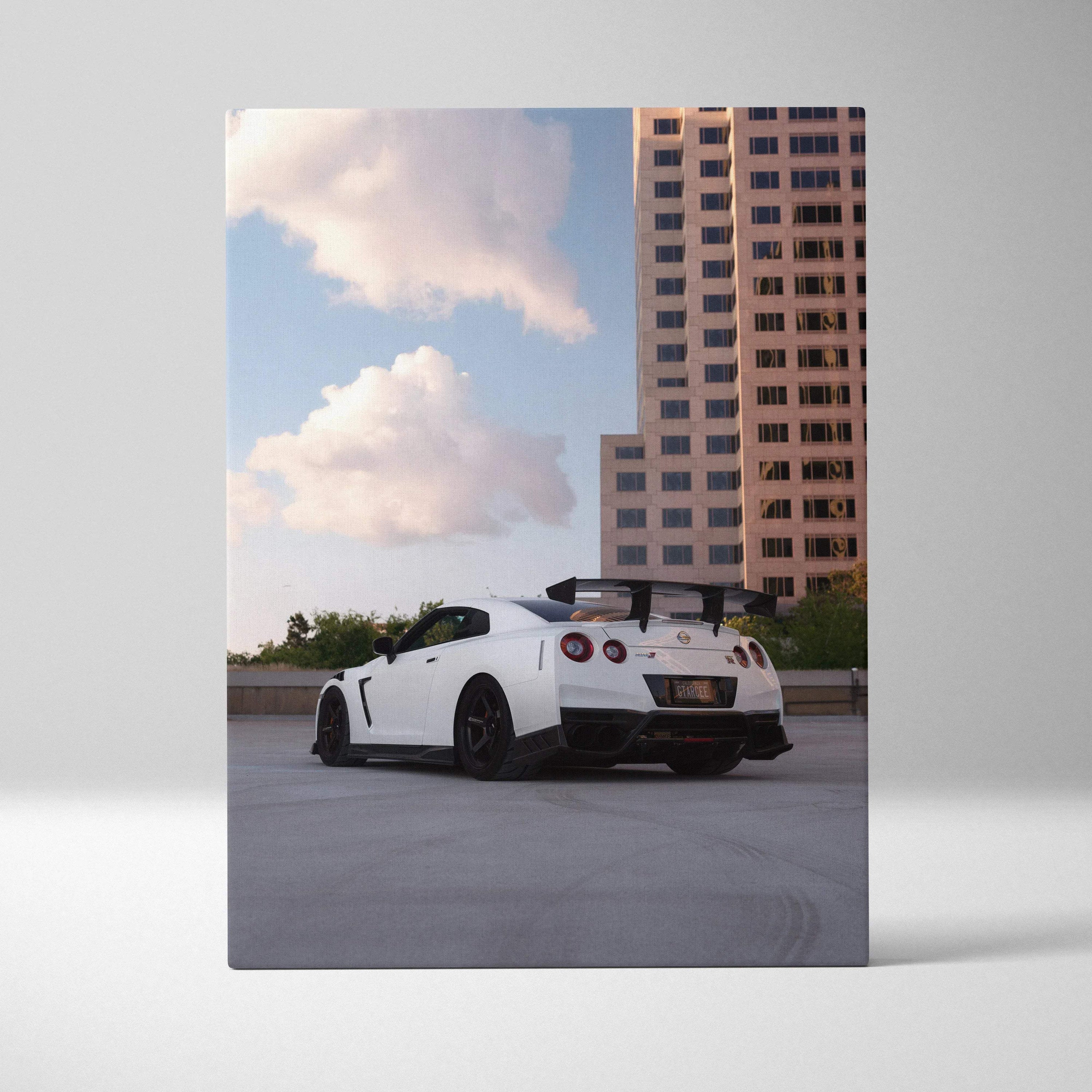 White Nissan GTR R35 parked on rooftop with building background vertical canvas wall art.