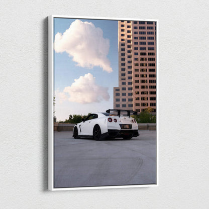 Nissan R35 GTR parked on rooftop with city buildings in background vertical canvas wall art.