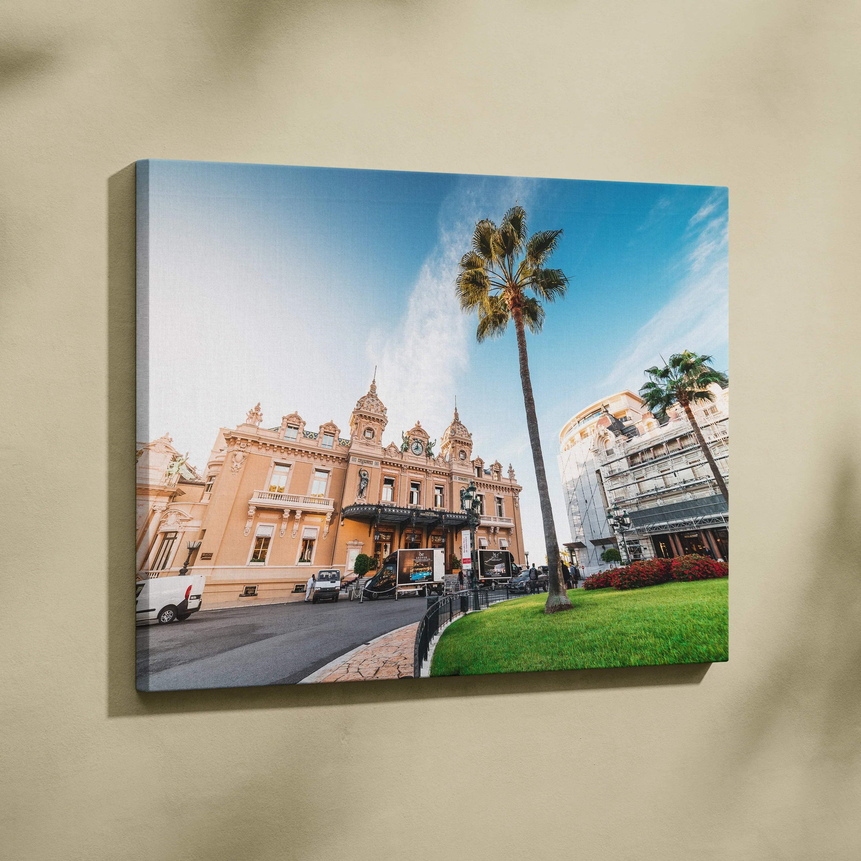 Modern architecture canvas wall art featuring historic building and palm trees under blue sky.
