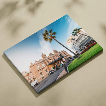 Modern architecture wall art canvas featuring palm trees, historic buildings, and clear blue sky.