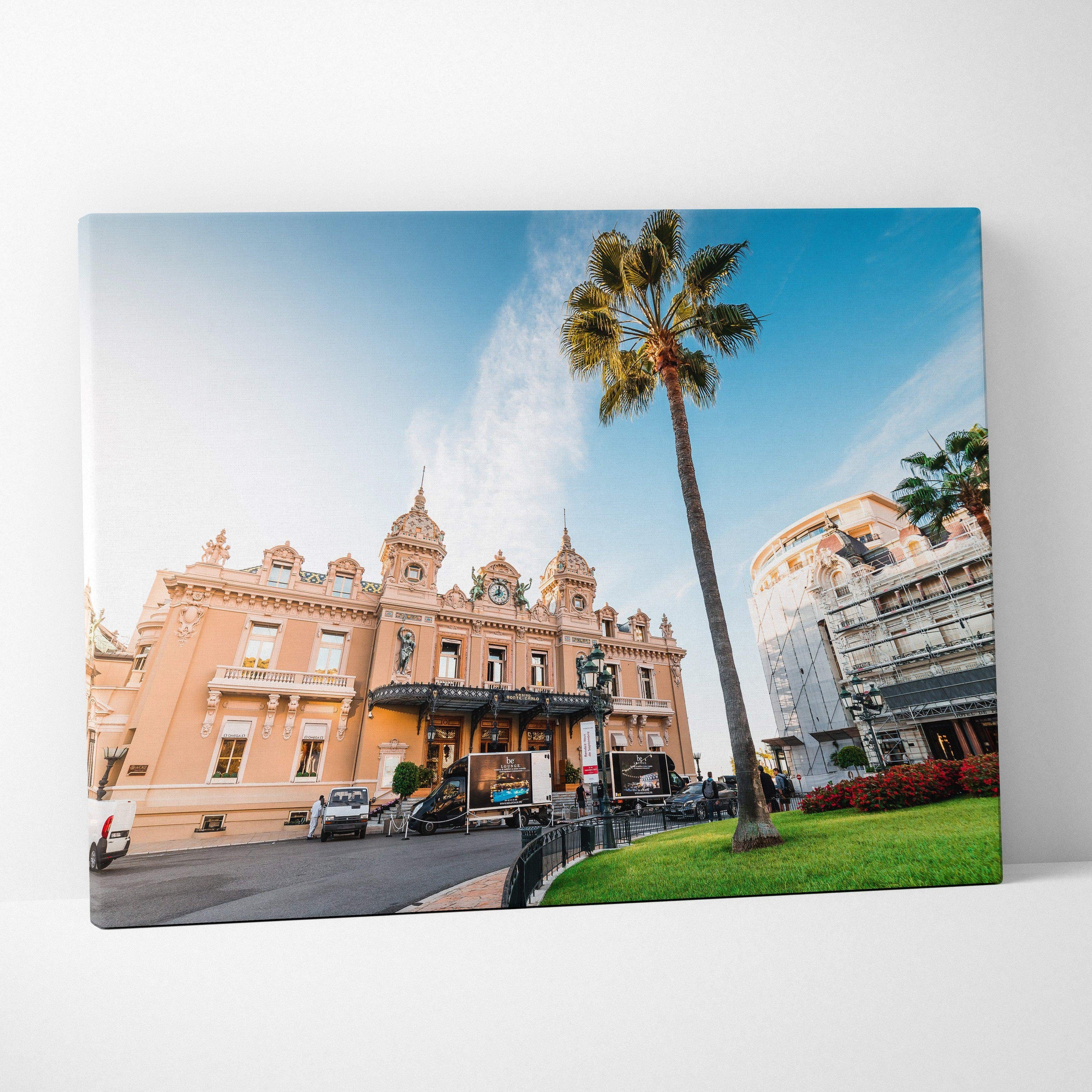 Canvas wall art featuring modern architectural building with clock tower under blue sky and palm tree in foreground.