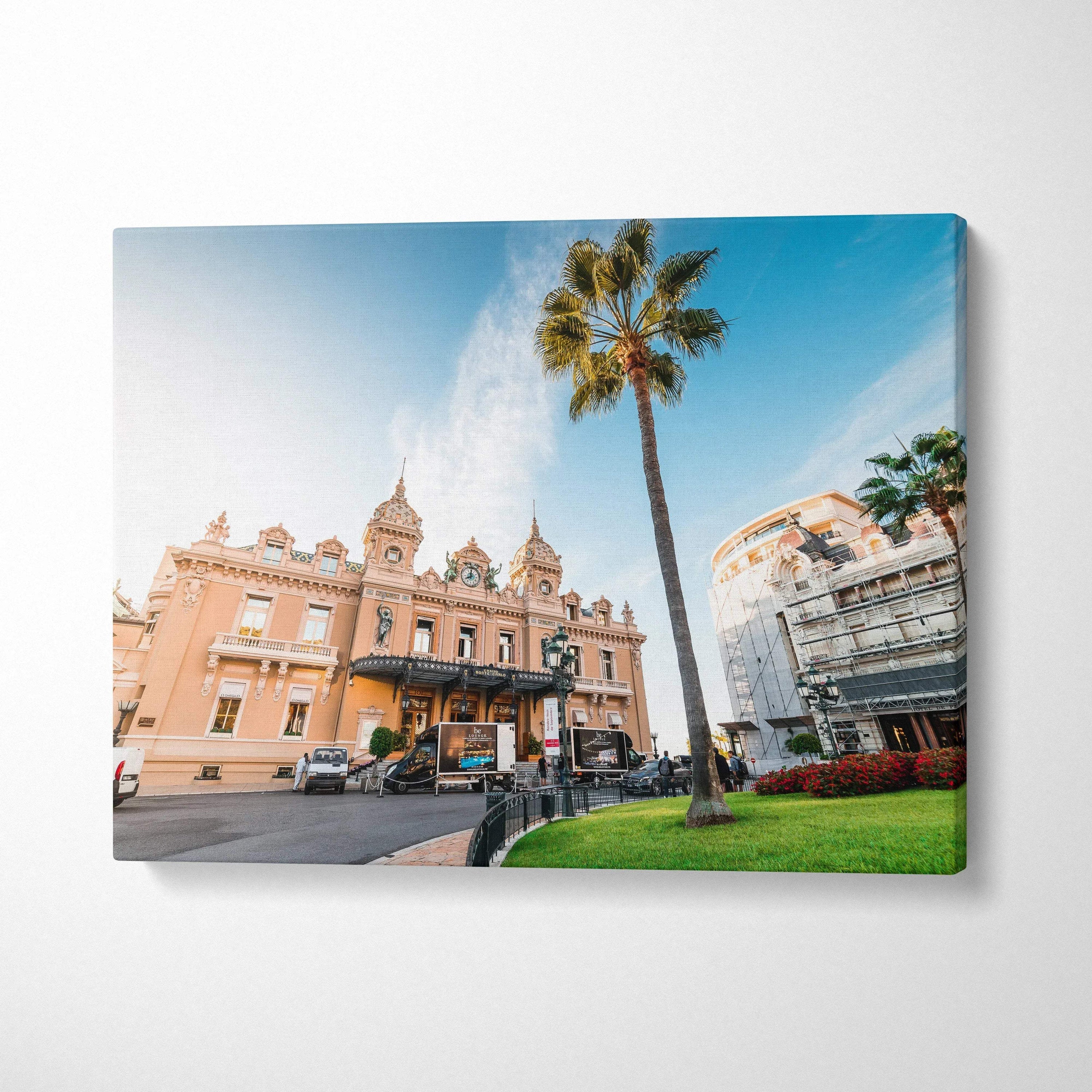 Modern architecture wall art canvas print featuring a classic building with palm trees under a clear blue sky.