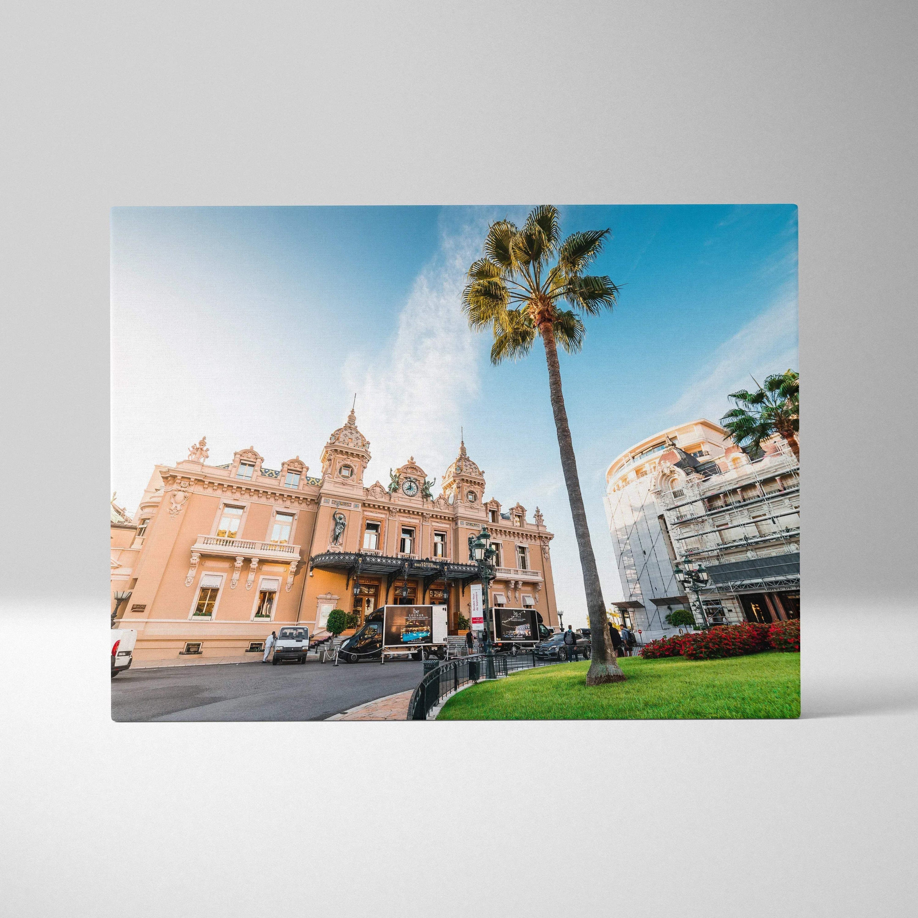 Canvas wall art featuring a digital print of a peach-colored historic building with ornate architecture and tall palm trees.