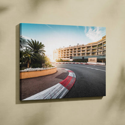 Premium architecture canvas wall art featuring a curved F1 race track and modern building under blue sky.