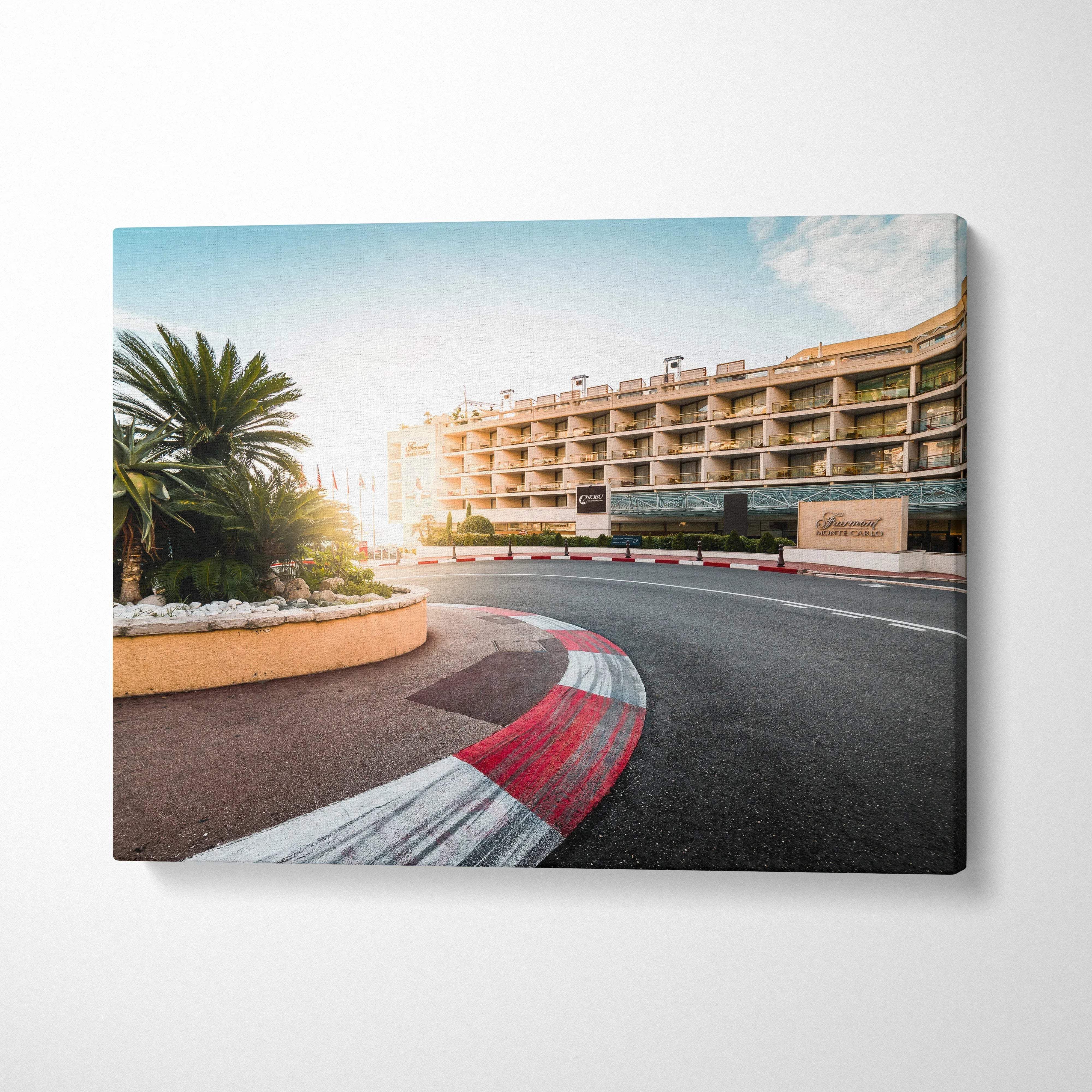 Premium architecture canvas wall art featuring curved racetrack and modern building at sunset.