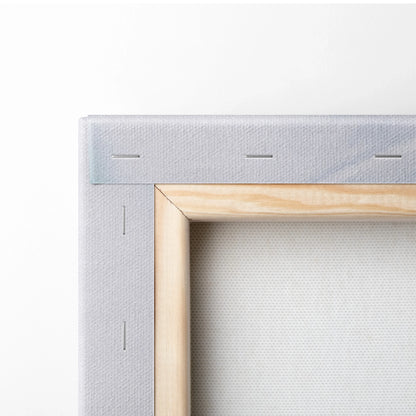 Close-up of natural wood frame and gray canvas stretch with visible staples on wall art canvas edges.