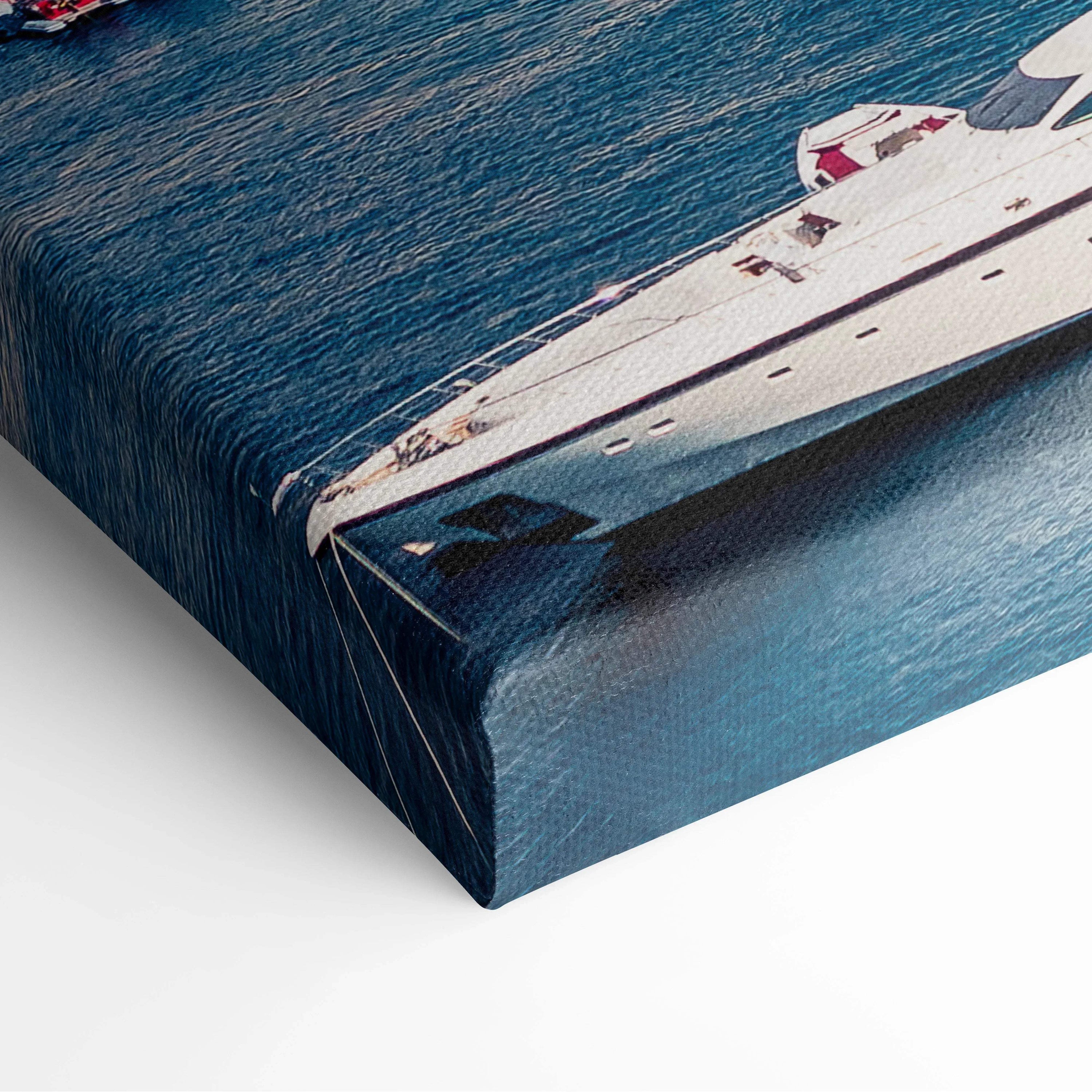 Close-up of canvas wall art print featuring detailed digital architecture with blue and white tones.