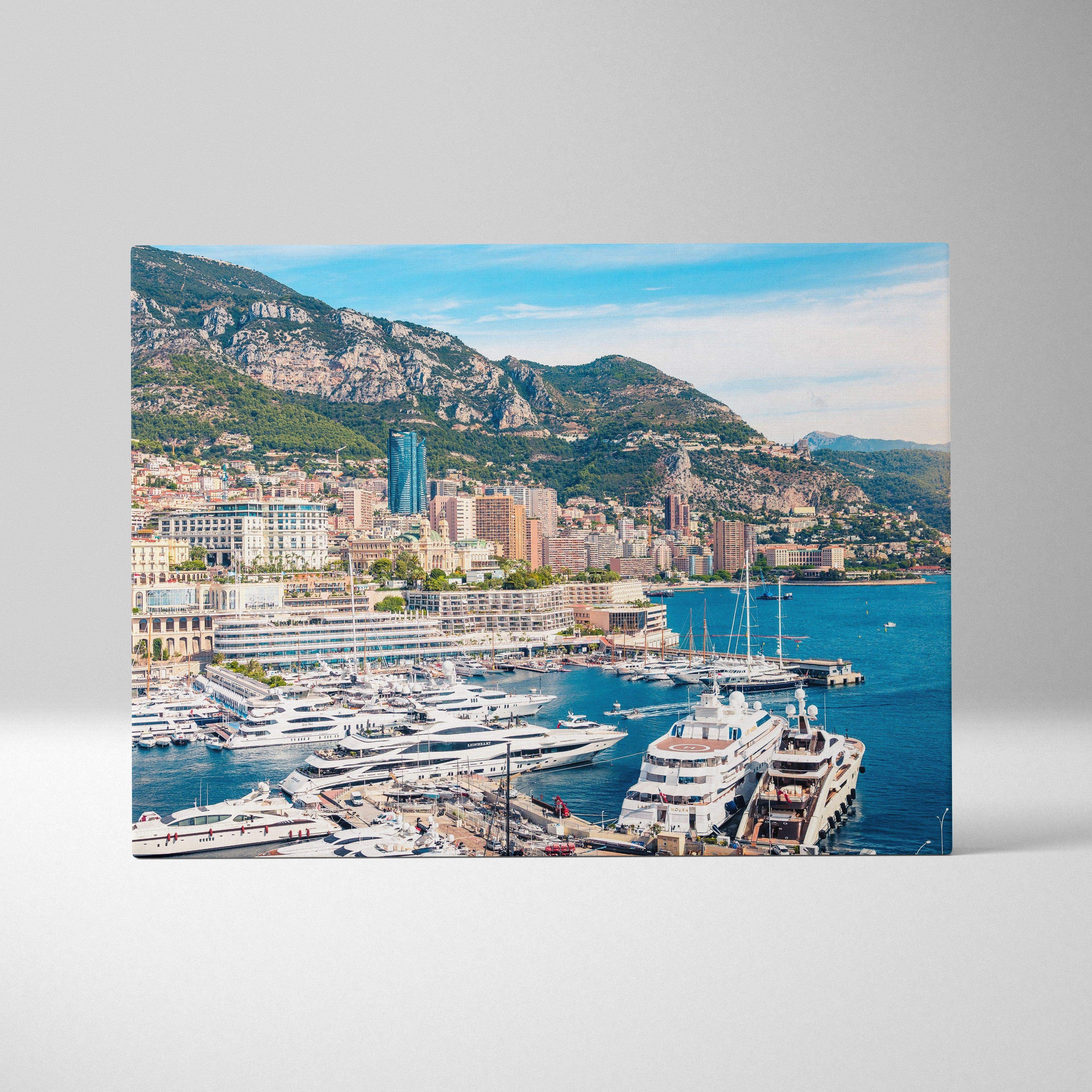Canvas wall art print featuring a vibrant coastal cityscape with yachts and modern buildings under a blue sky.