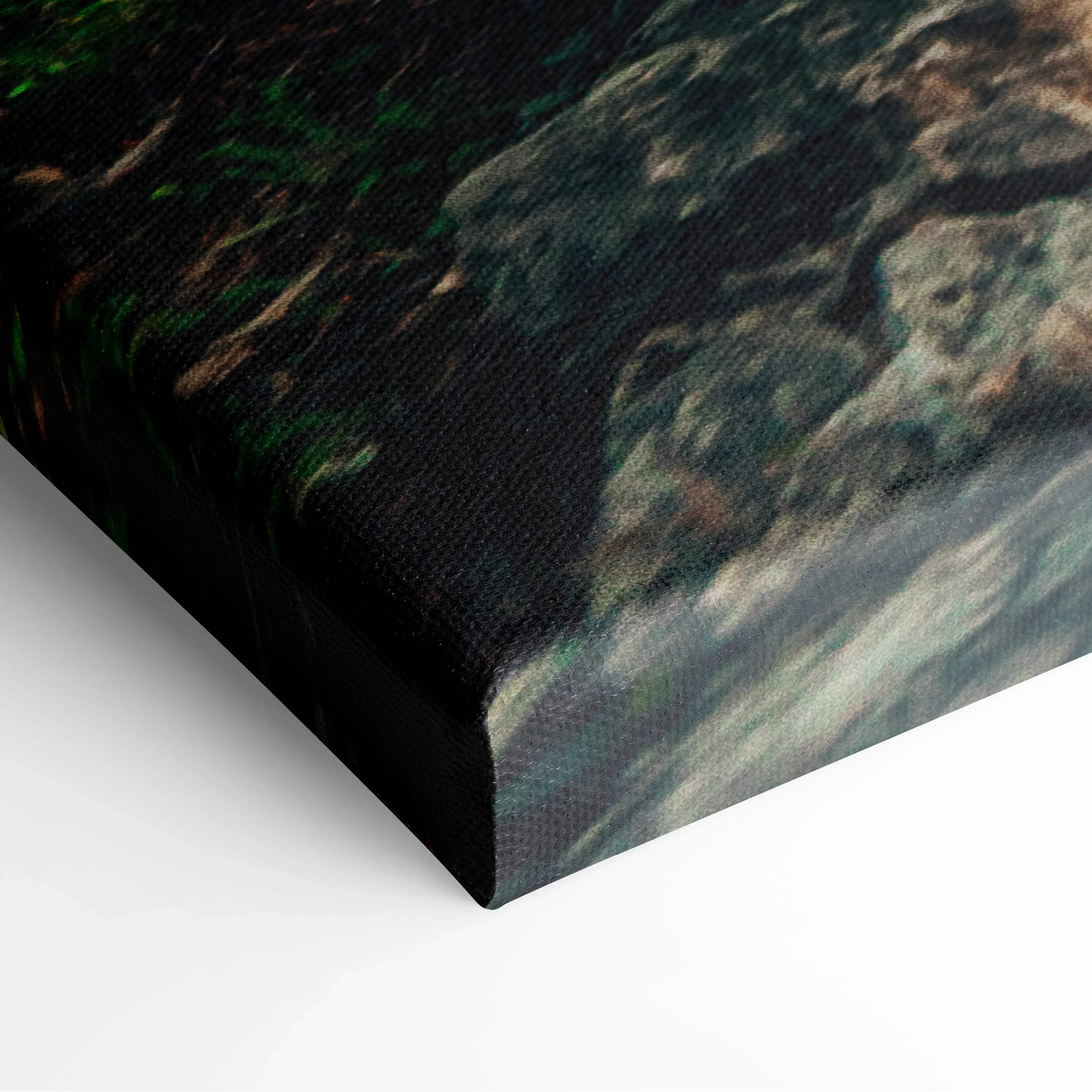 A textured canvas print of a moody abstract landscape in dark greens and browns for coastal seaside wall art