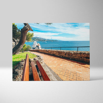 Beachside pathway and ocean view canvas wall art with vibrant sky and trees.