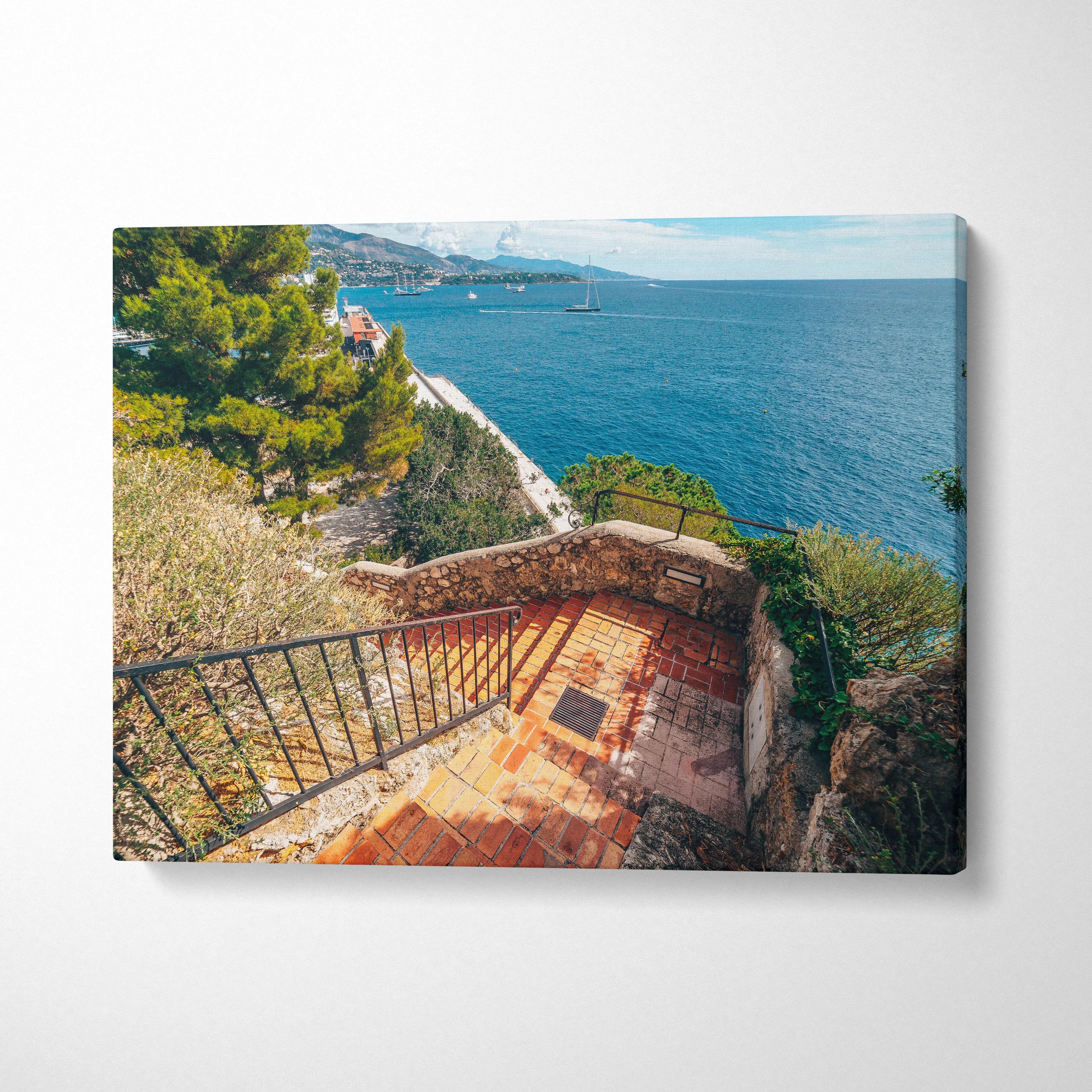 Coastal scene canvas art featuring terracotta stairs and Mediterranean blue sea wall art print.
