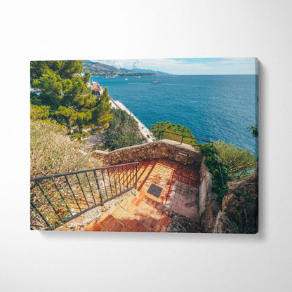 Coastal scene canvas art featuring terracotta stairs and Mediterranean blue sea wall art print.