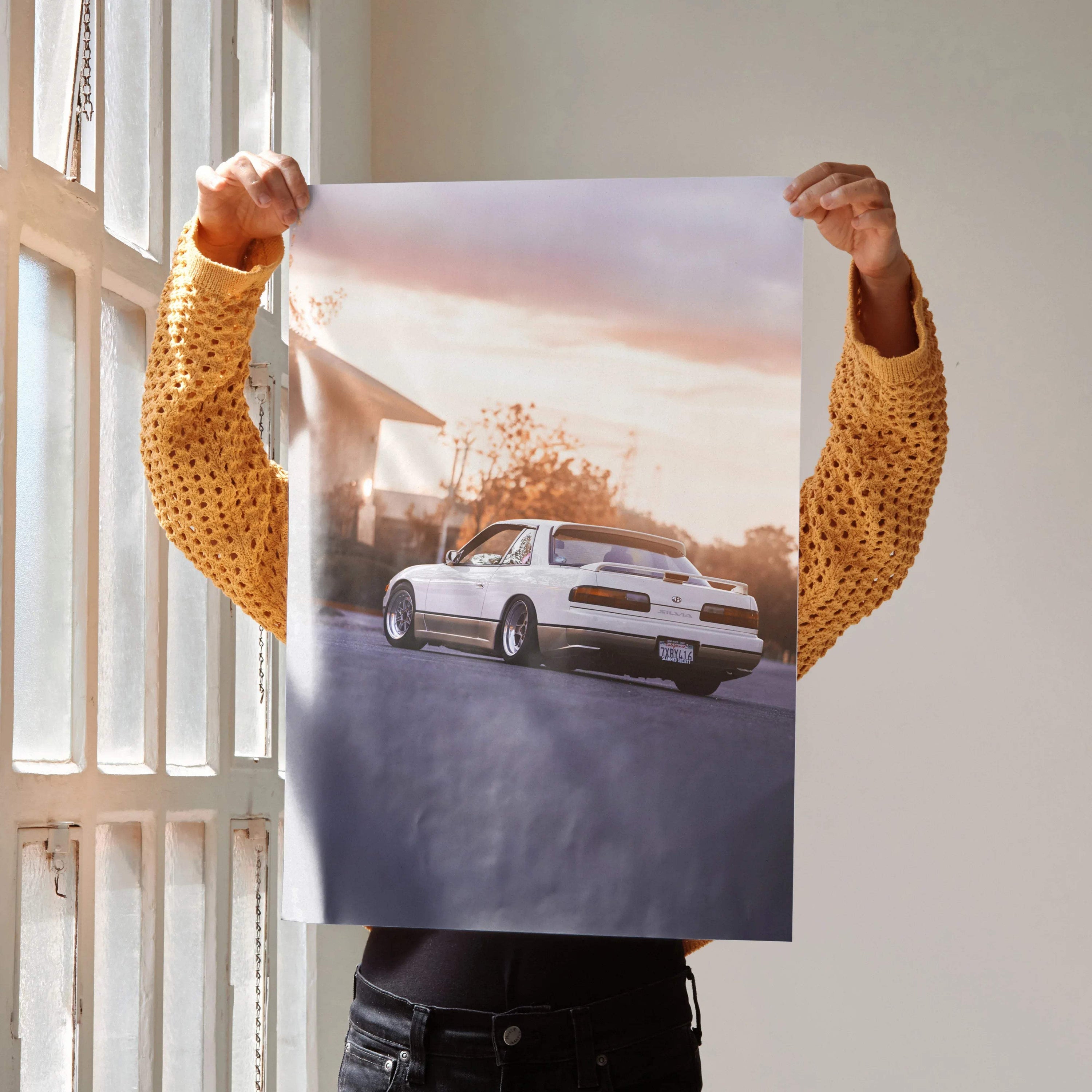Nissan 240sx S13 Silvia poster with sunset background, automotive wall art in soft tones.