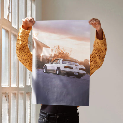 Nissan 240sx S13 Silvia poster with sunset background, automotive wall art in soft tones.