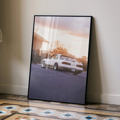 Nissan 240sx S13 Silvia poster with sunset background wall art in black frame.