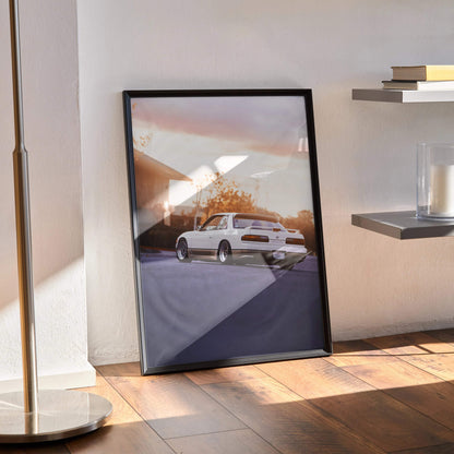 Nissan 240sx S13 Silvia poster with sunset sky and road, modern automotive wall art in black frame.