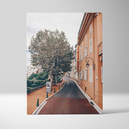 Canvas wall art featuring a curved street with tall trees and historic orange buildings in warm light.