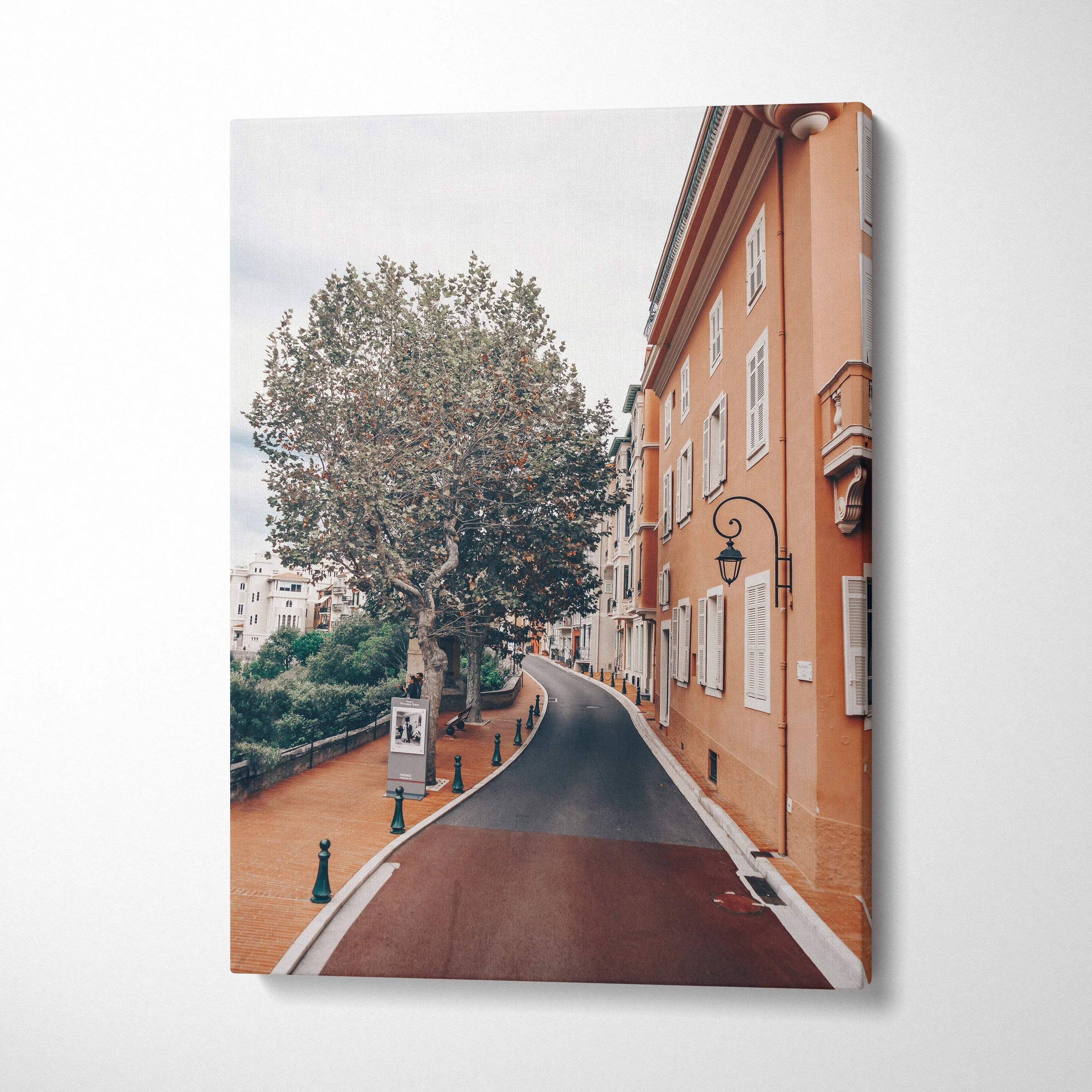 Canvas wall art of charming street with tall tree and orange building in soft tones.
