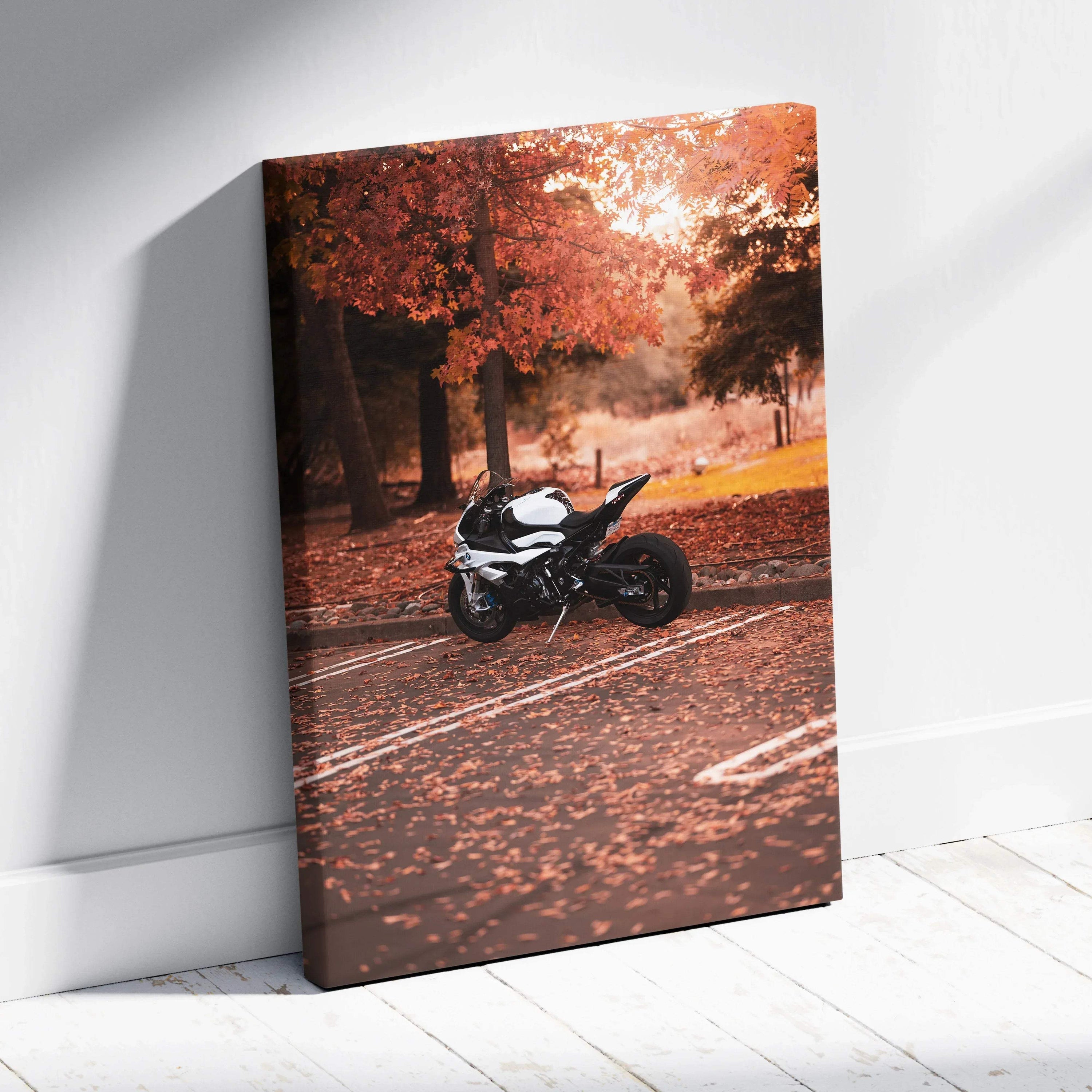 BMW S1000RR motorcycle on autumn road canvas wall art with warm fall colors.