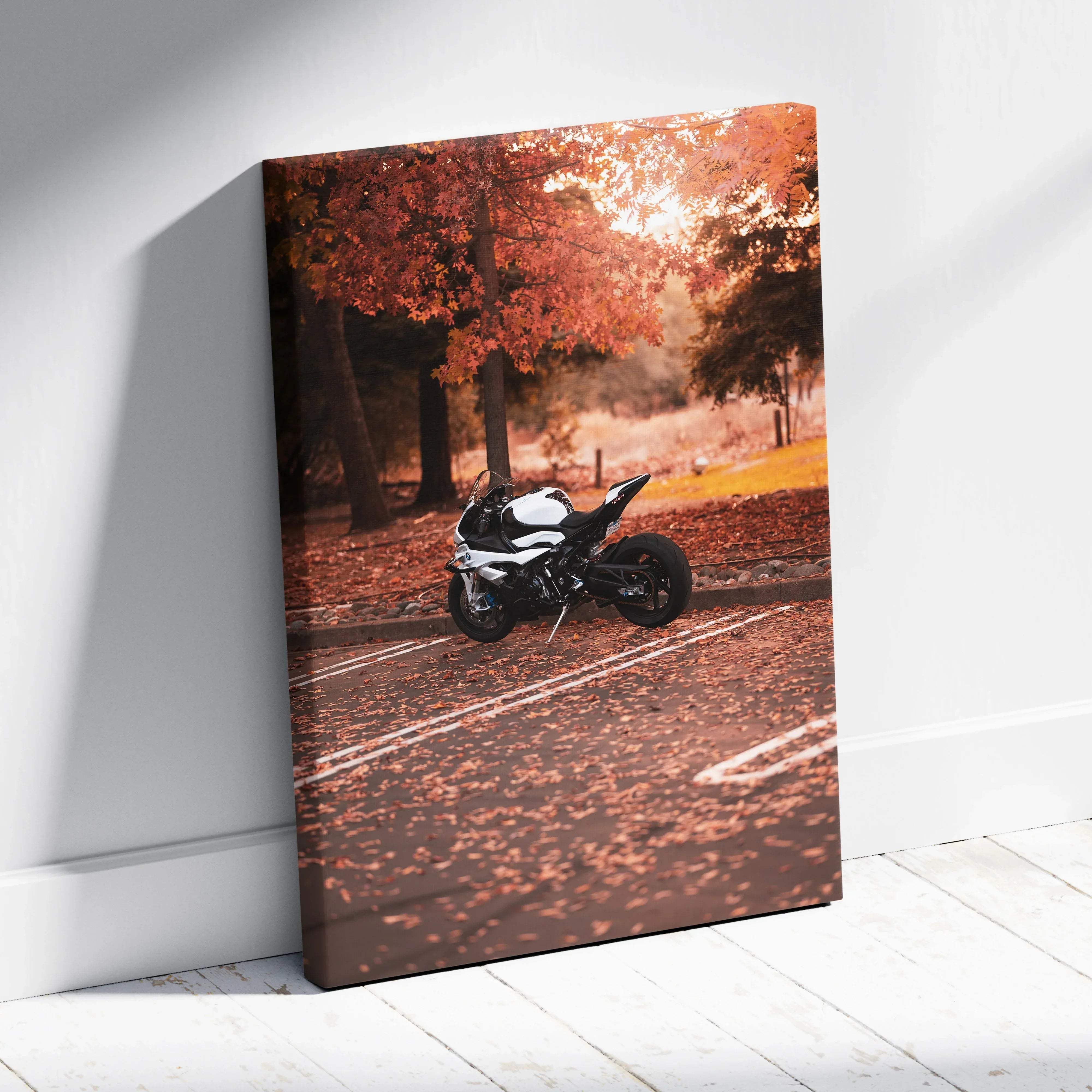 Canvas wall art of a black and white bmw s1000rr sport motorcycle on a leaf-strewn road with warm autumn lighting