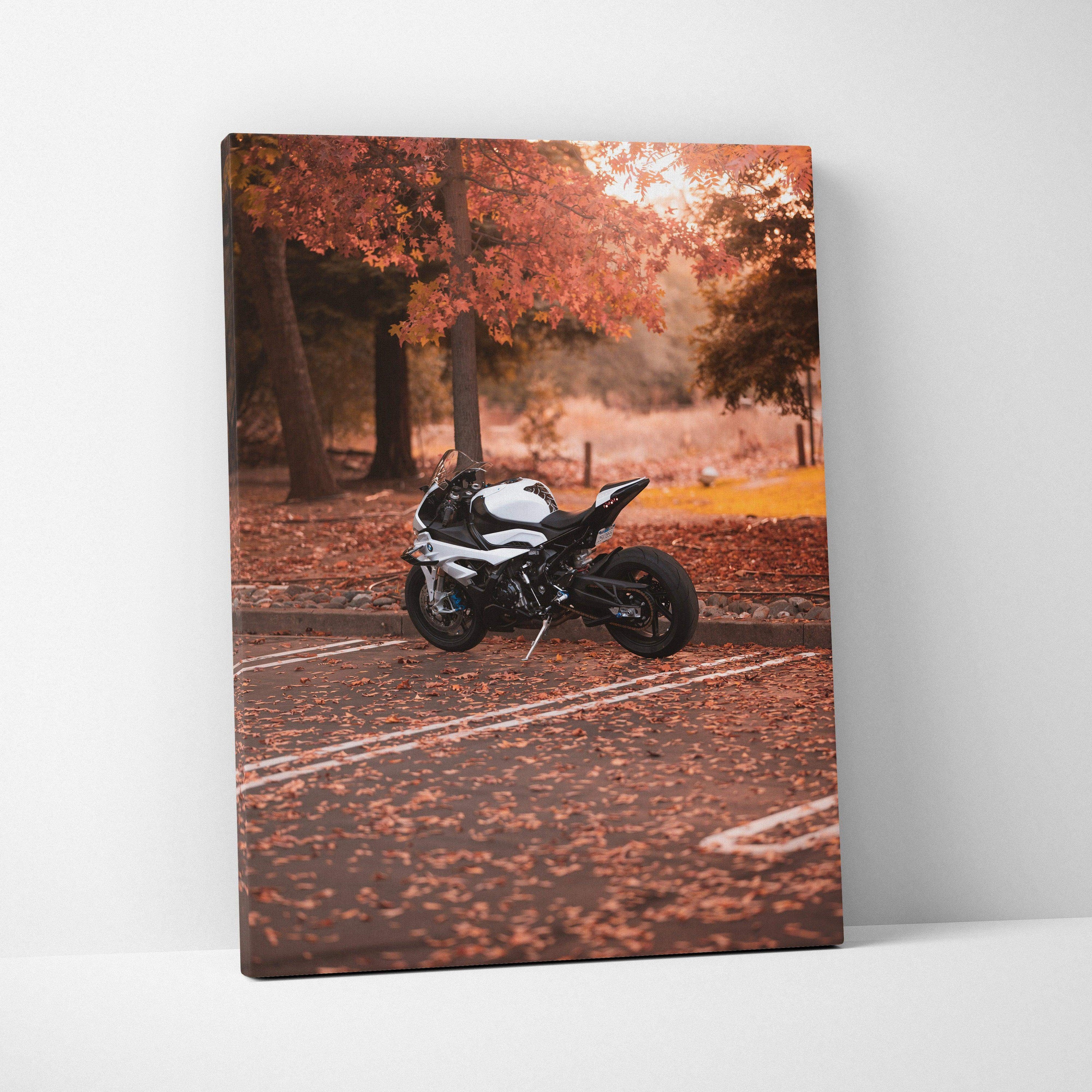 Vertical canvas wall art featuring a BMW S1000RR motorcycle surrounded by autumn leaves.
