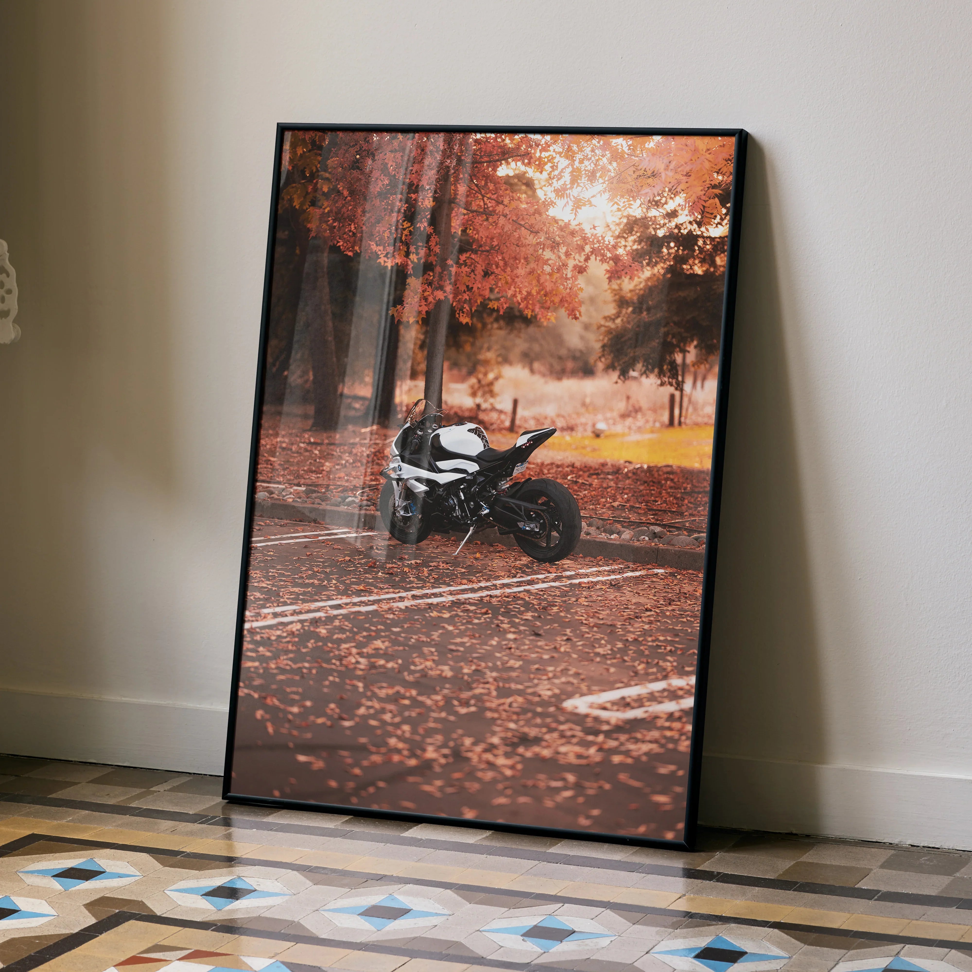 BMW S1000RR motorcycle poster with autumn forest background, modern wall art print.