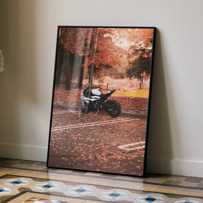 BMW S1000RR motorcycle poster with autumn forest background, modern wall art print.