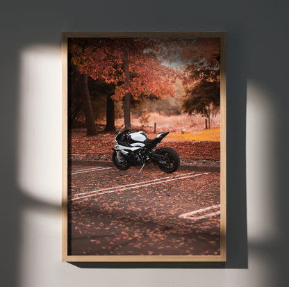 BMW S1000RR motorcycle poster with autumn forest background, stylish wall art in wooden frame.