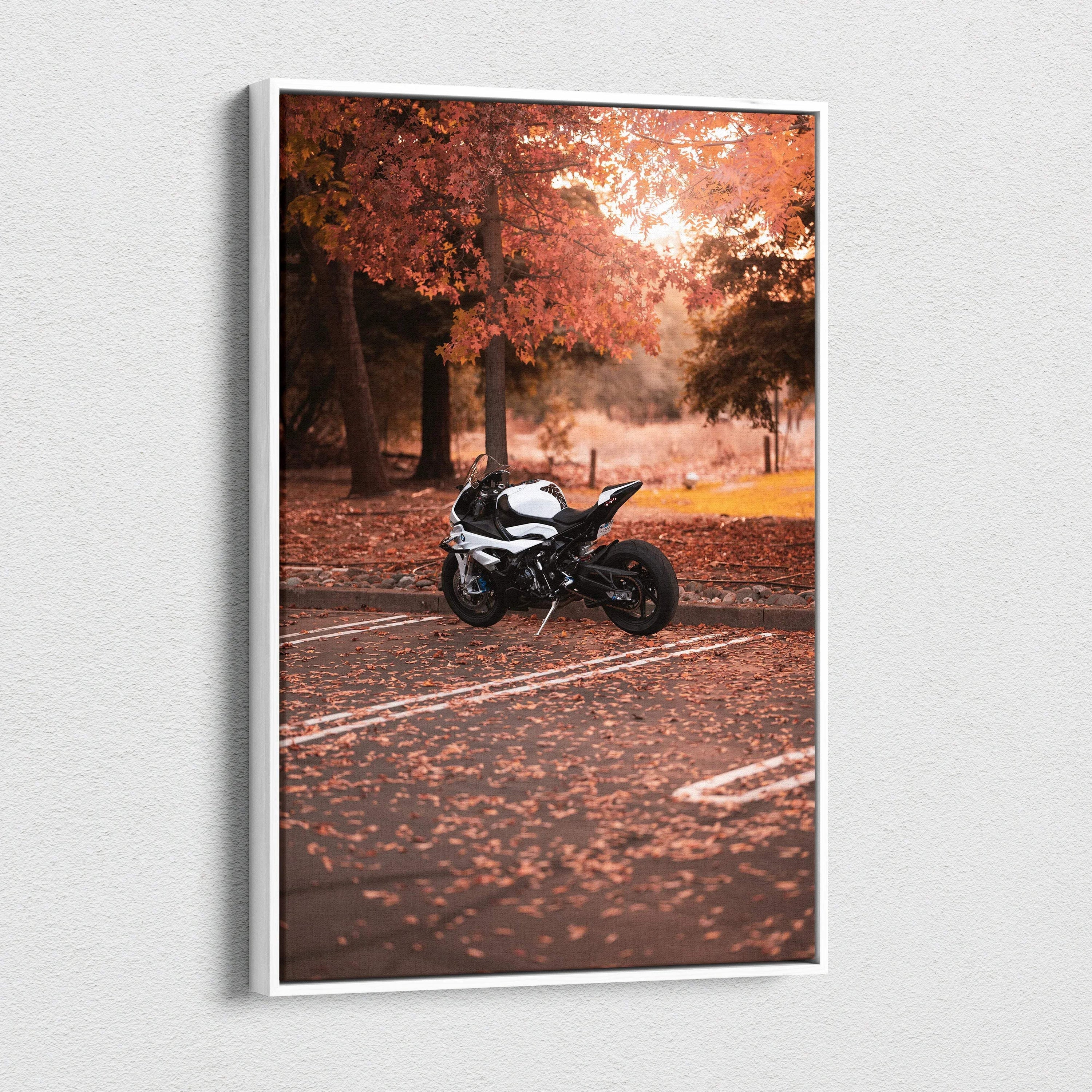 Vertical canvas art featuring a BMW S1000RR motorcycle in autumn park setting with warm fall colors.
