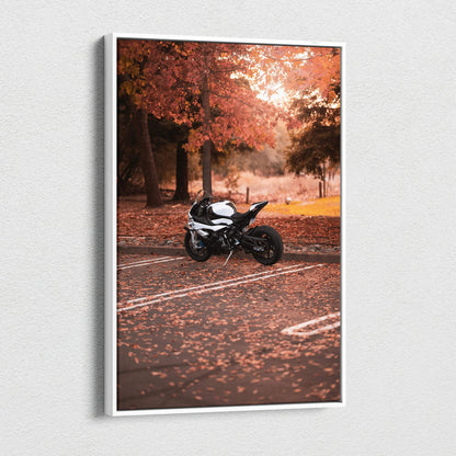 Vertical canvas art featuring a BMW S1000RR motorcycle in autumn park setting with warm fall colors.