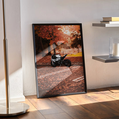 Framed BMW S1000RR motorcycle poster on floor with autumn leaves wall art in warm tones.