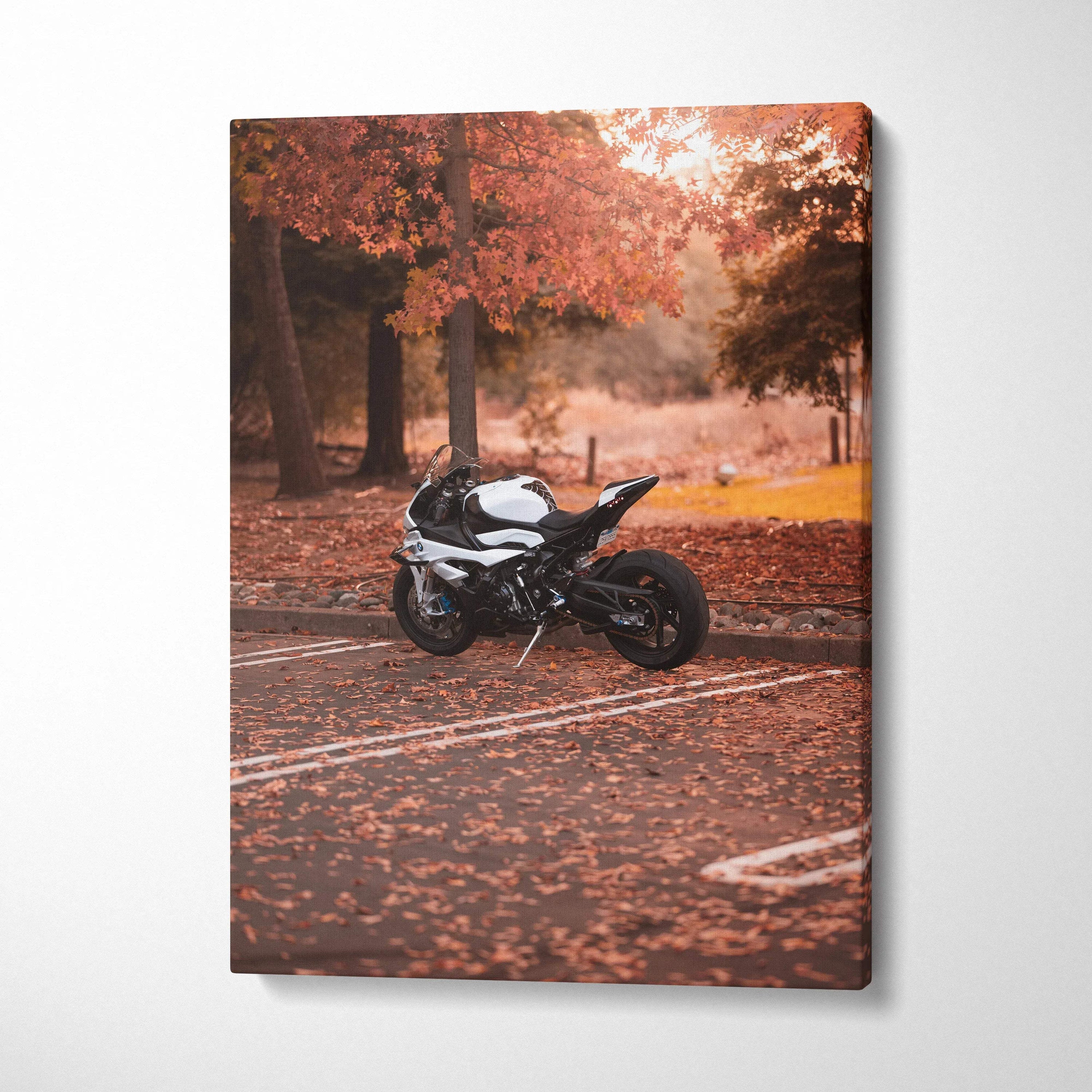 Vertical canvas art of a black BMW S1000RR motorcycle parked on autumn leaves in a forest setting wall art.