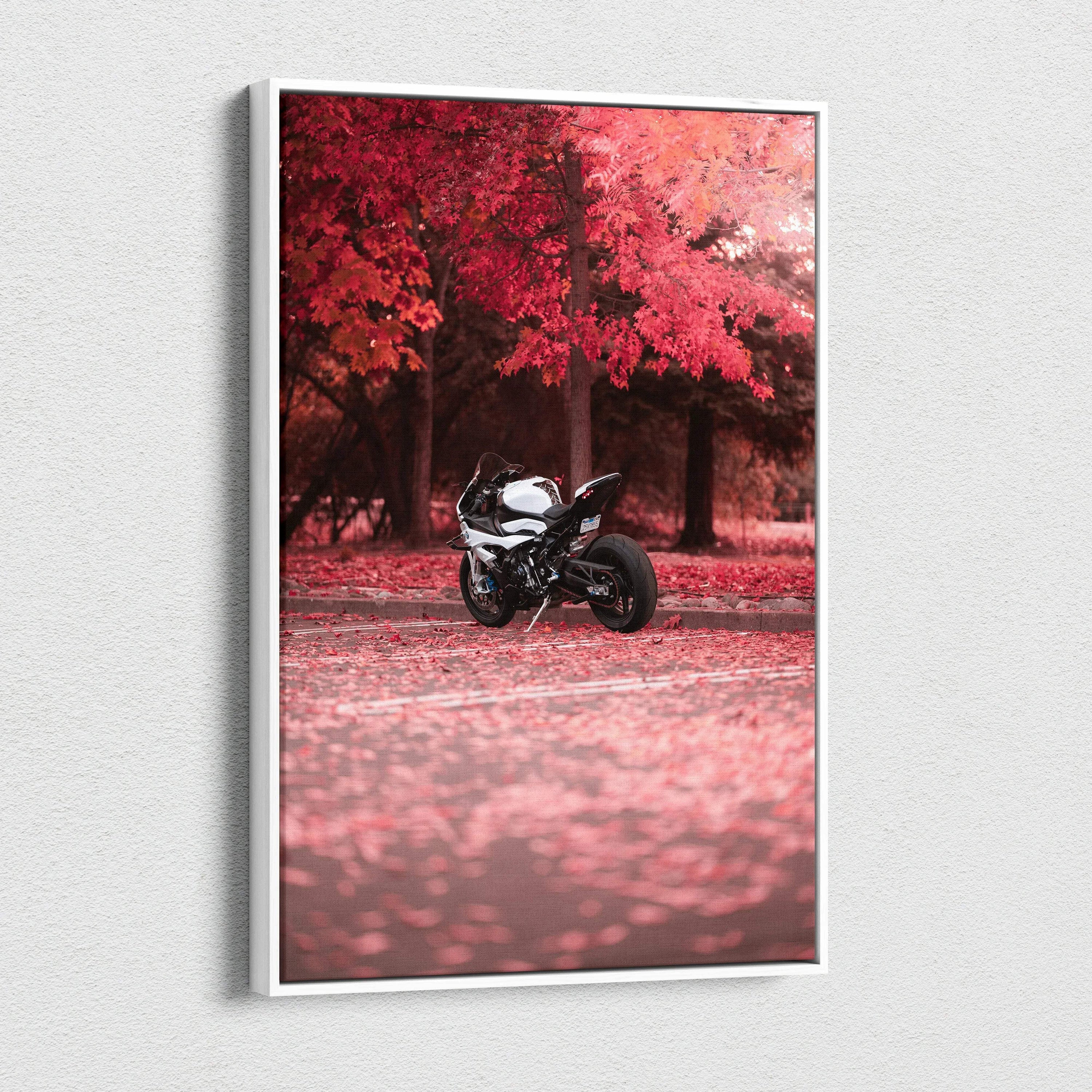 BMW S1000RR motorcycle canvas art with red autumn leaves, vertical wall art print.