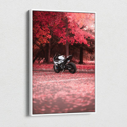 BMW S1000RR motorcycle canvas art with red autumn leaves, vertical wall art print.