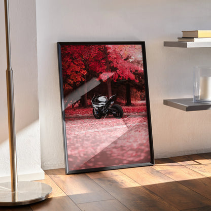 BMW S1000RR motorcycle poster with red autumn forest background, modern wall art.