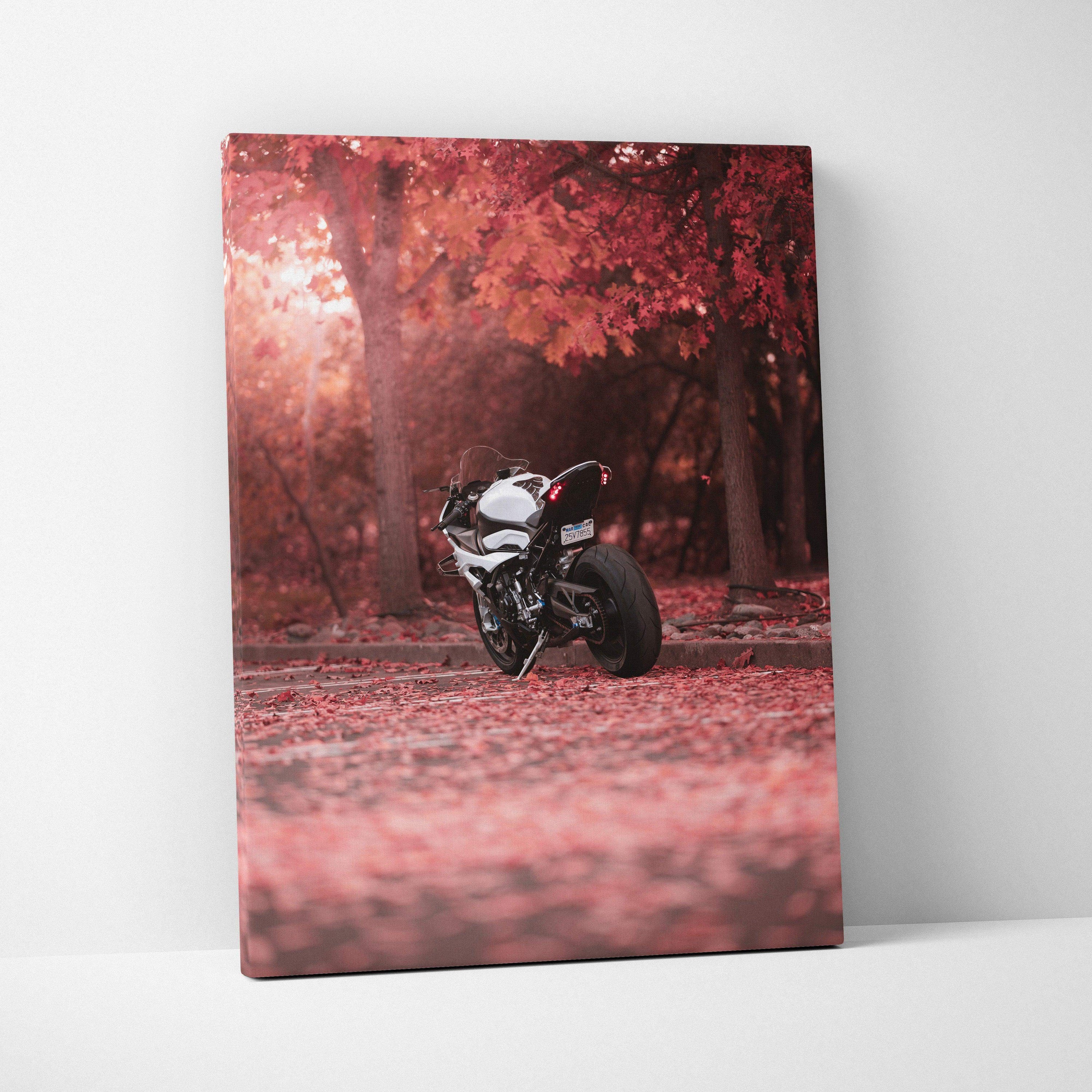 Vertical canvas art of a BMW S1000RR motorcycle in a red autumn forest wall art canvas print.