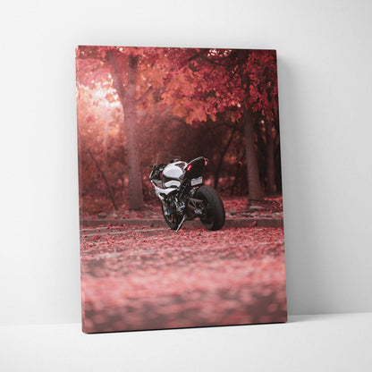 Vertical canvas art of a BMW S1000RR motorcycle in a red autumn forest wall art canvas print.
