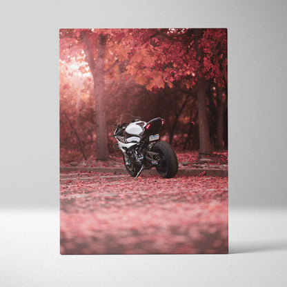 BMW S1000RR motorcycle in red autumn forest vertical canvas wall art print.