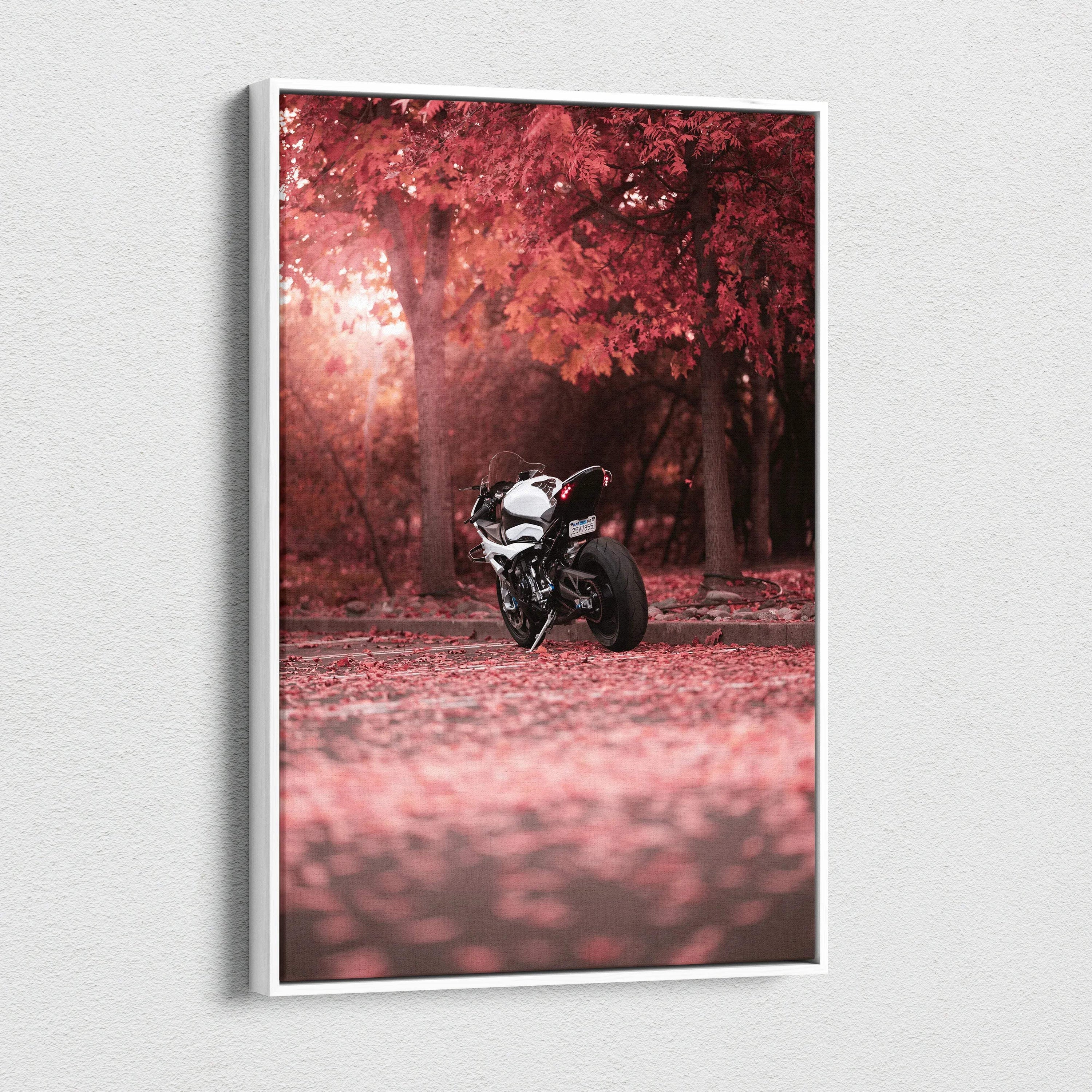 Vertical canvas art of BMW S1000RR motorcycle in a red autumn forest, high-resolution wall art.