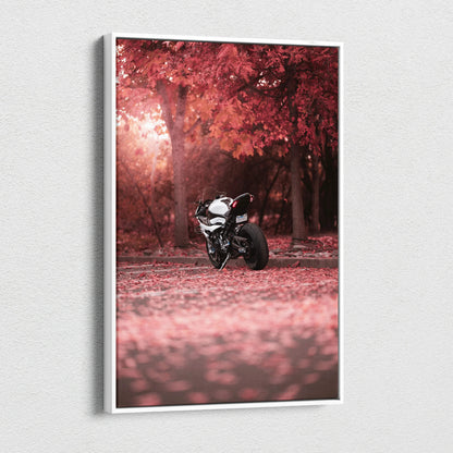 Vertical canvas art of BMW S1000RR motorcycle in a red autumn forest, high-resolution wall art.