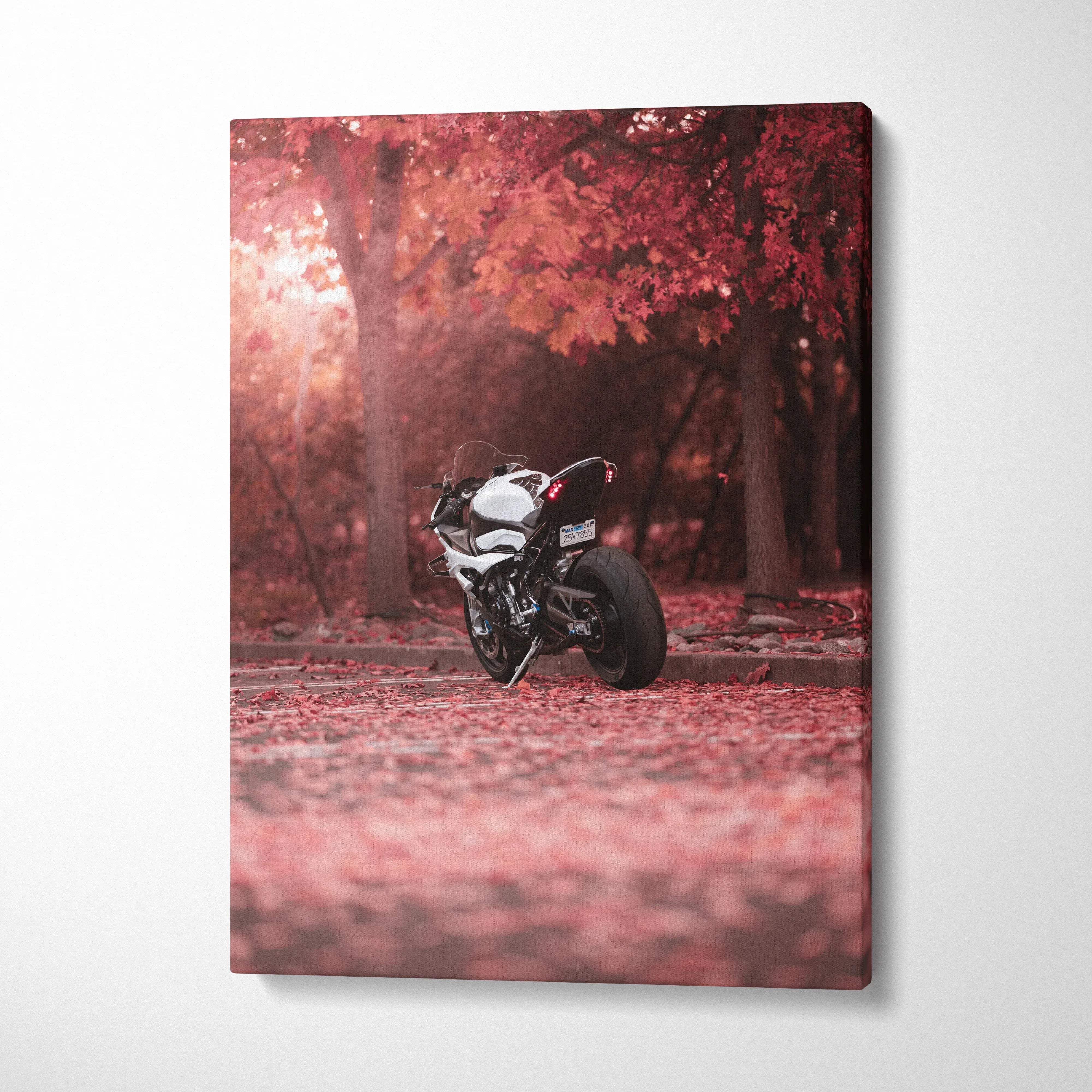 Vertical canvas art featuring a sleek BMW S1000RR motorcycle in a red autumn forest setting.