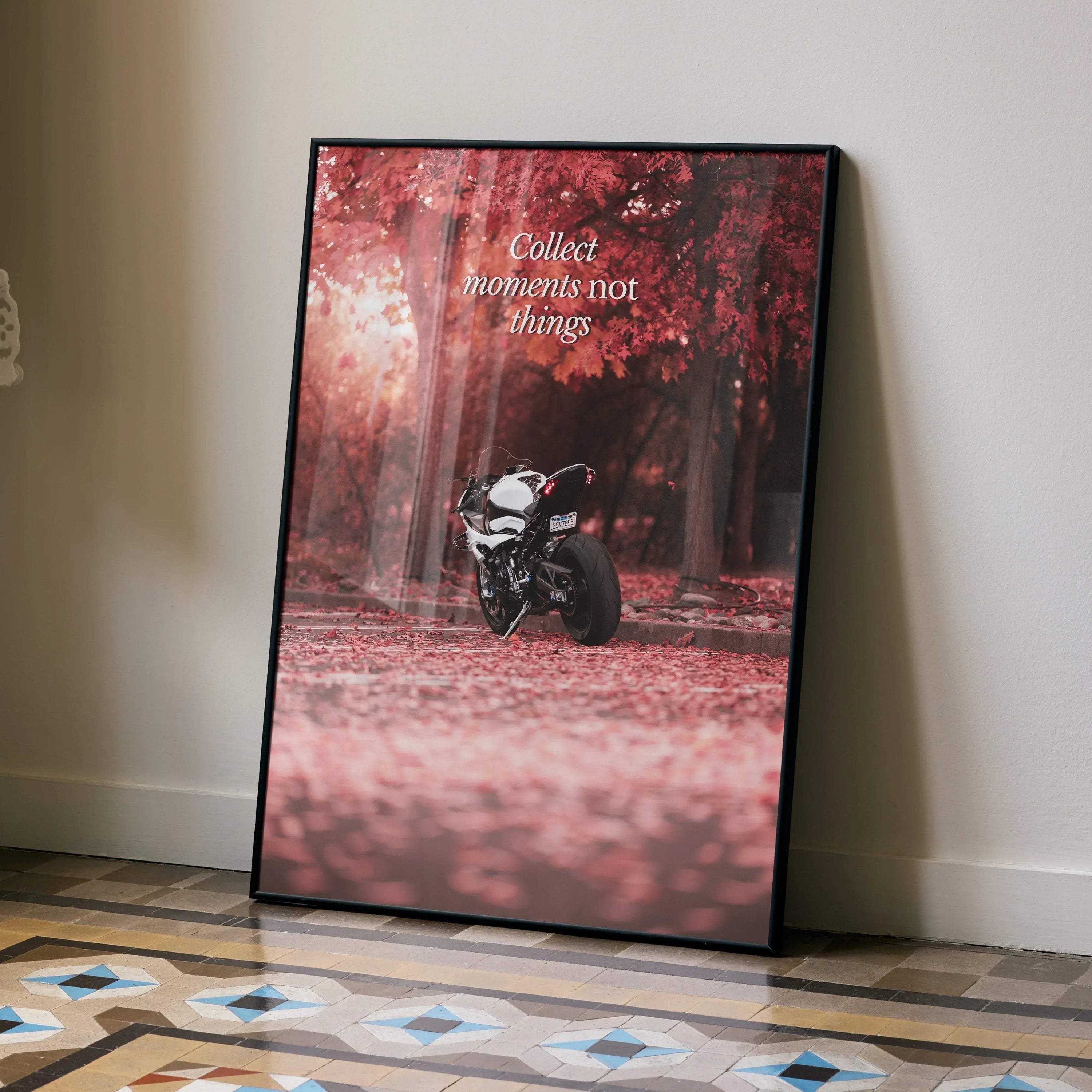 Poster wall art featuring a BMW S1000RR motorcycle in a red autumn forest with motivational text.