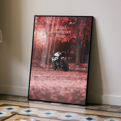 Poster wall art featuring a BMW S1000RR motorcycle in a red autumn forest with motivational text.