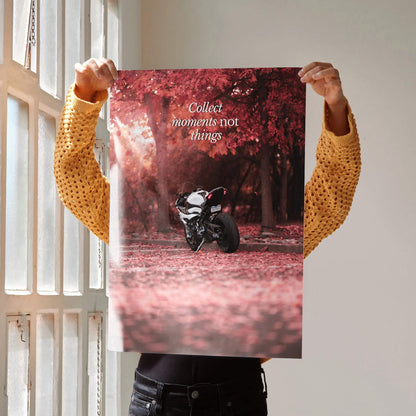 Motivational poster wall art featuring a BMW S1000RR motorcycle on a path with red autumn leaves.