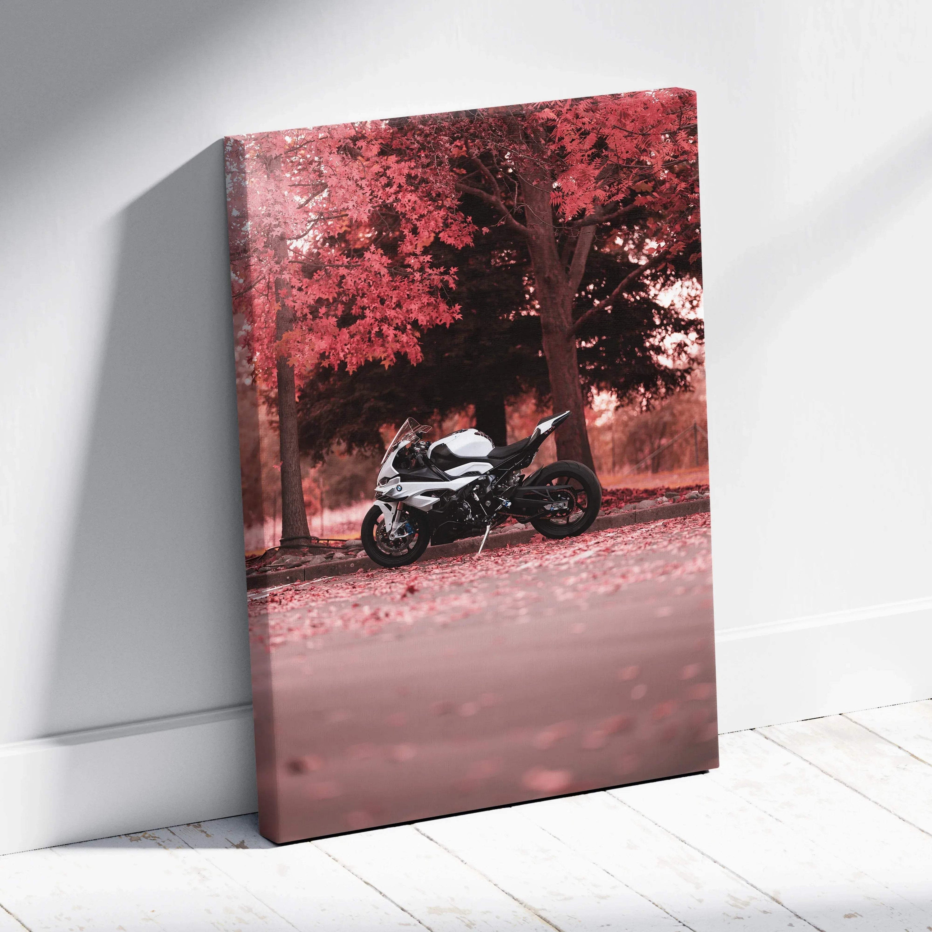 Vertical canvas wall art featuring a BMW S1000RR motorcycle under red autumn trees.