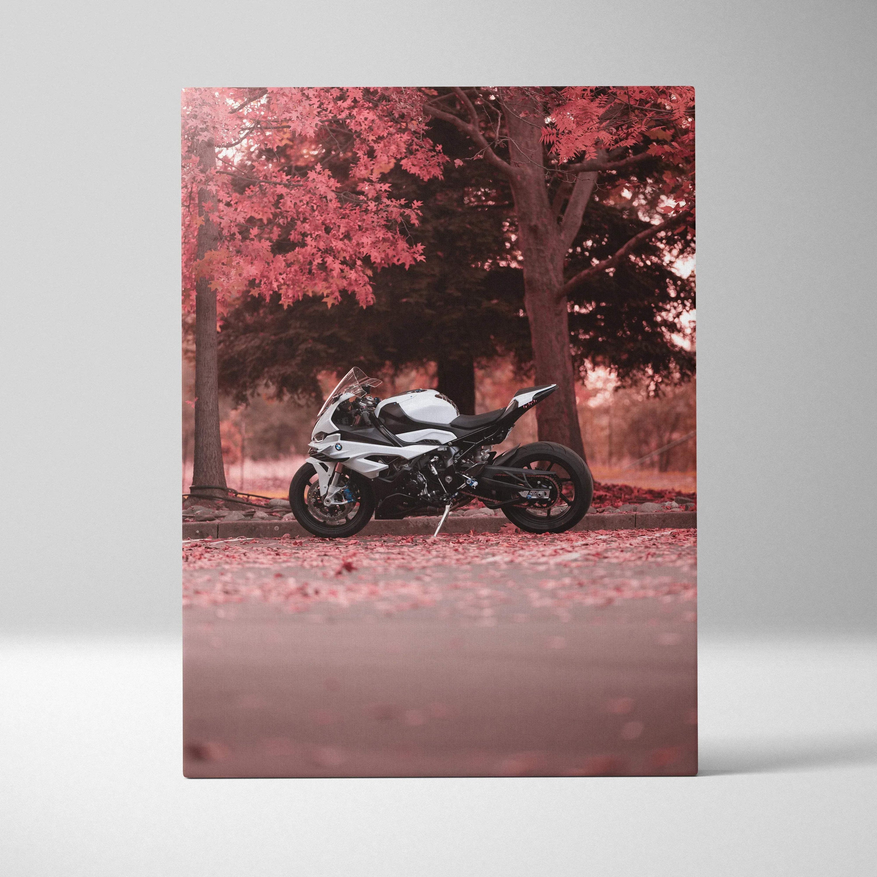 BMW S1000RR motorcycle in black and white on autumn forest background vertical canvas wall art.