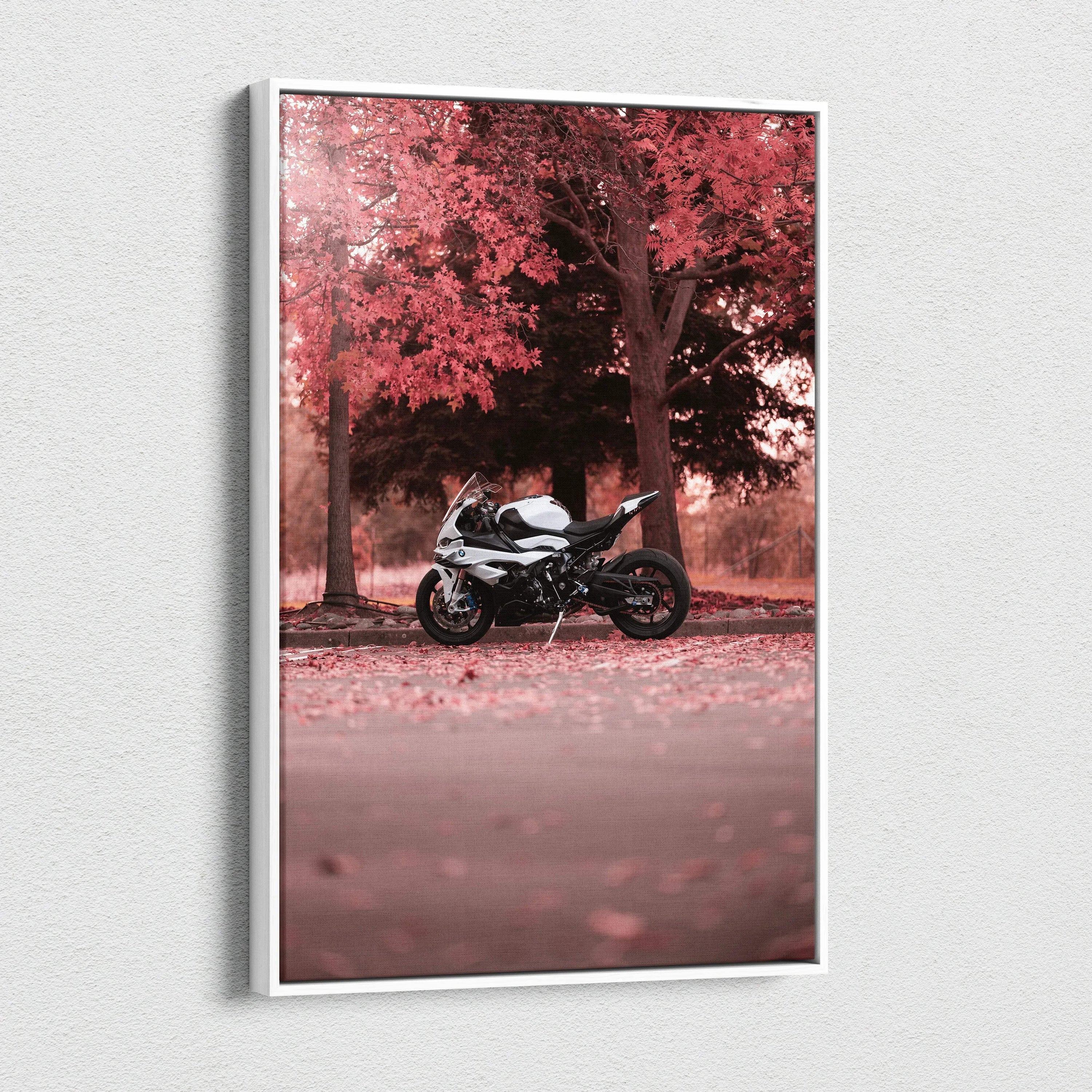 Vertical canvas art of a BMW S1000RR motorcycle parked under red autumn trees, wall art with vibrant fall colors.