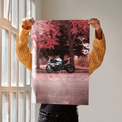 BMW S1000RR motorcycle poster with pink autumn tree background wall art.