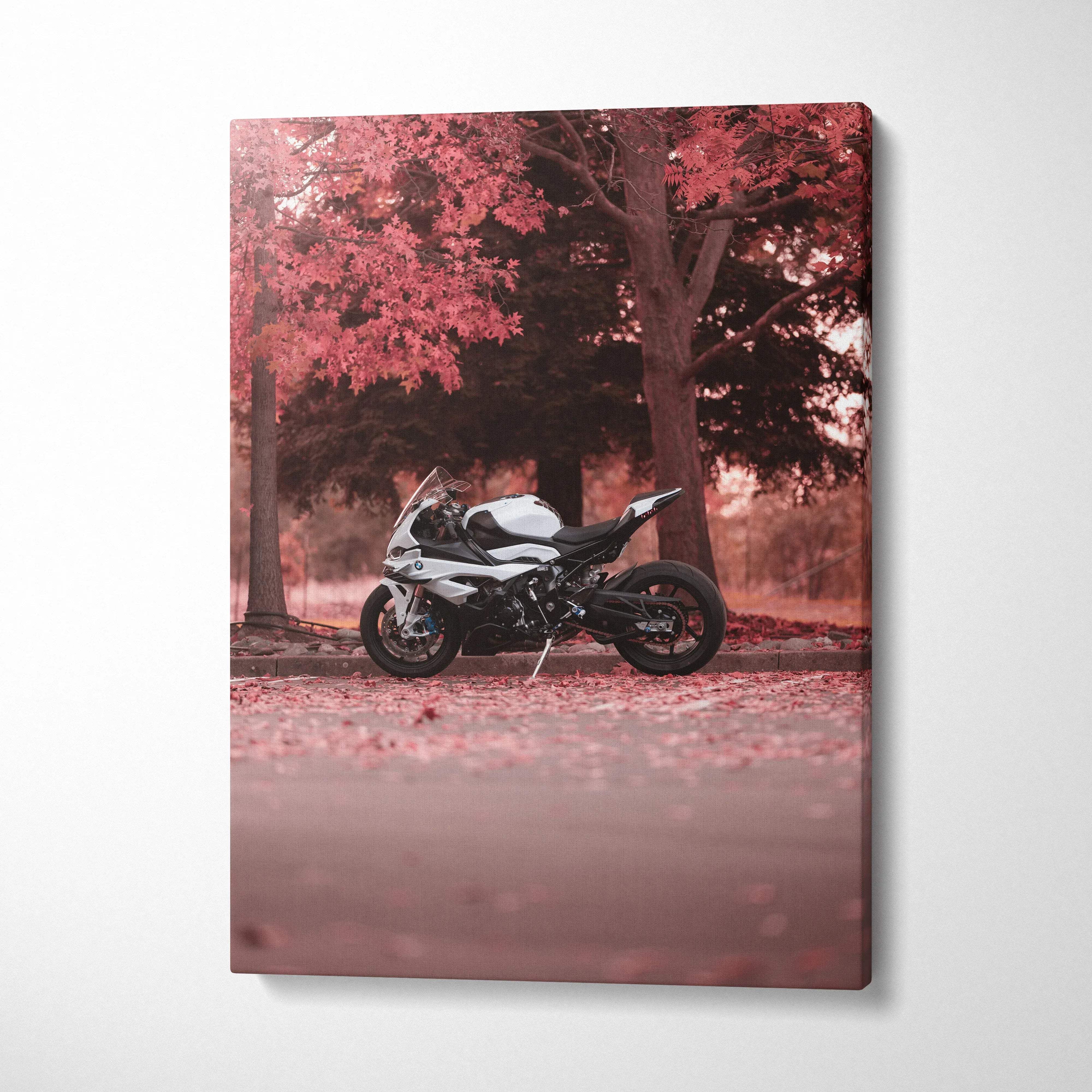 BMW S1000RR motorcycle against pink autumn trees canvas wall art in vertical format.