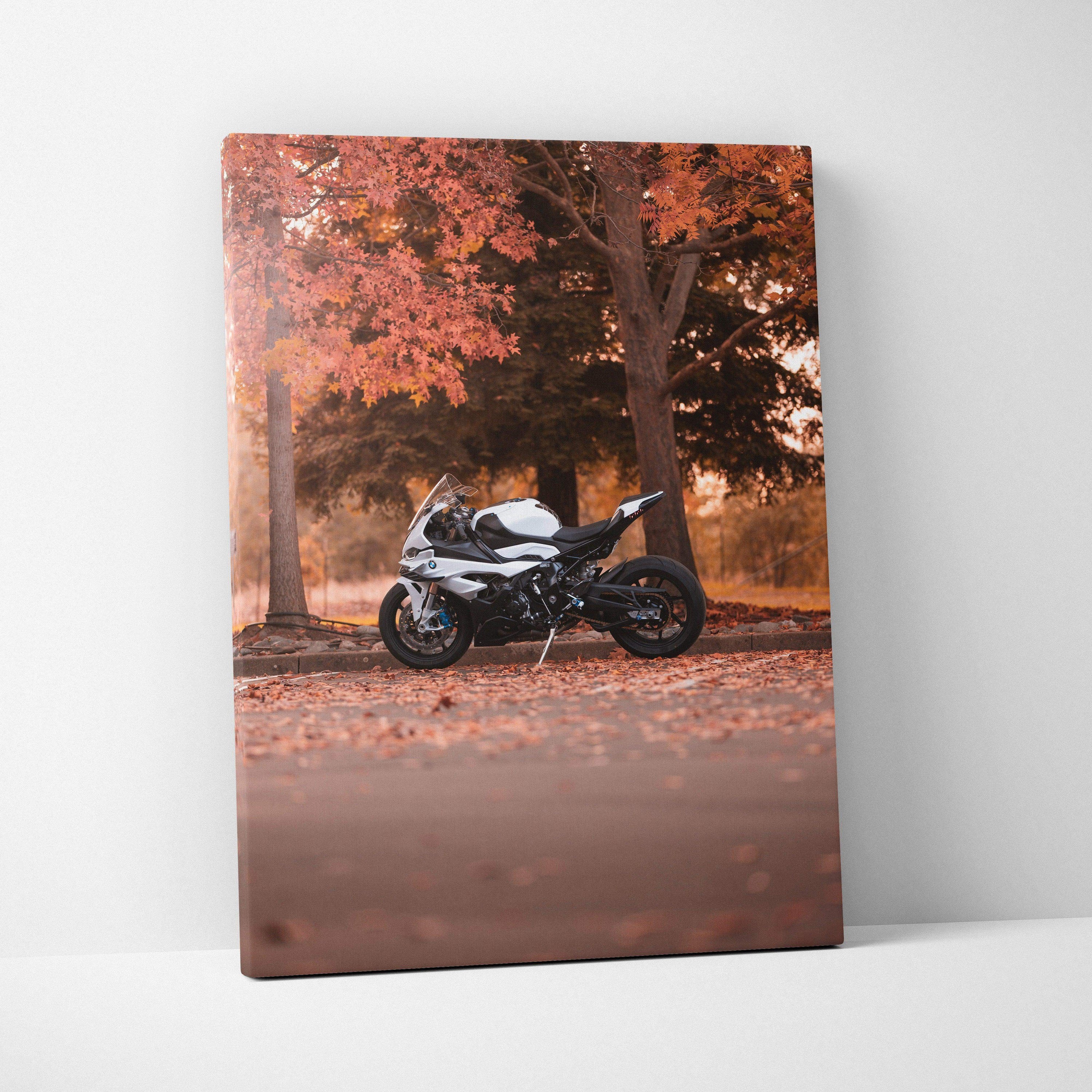 Vertical canvas art of a BMW S1000RR motorcycle amid autumn trees and fallen leaves wall art.